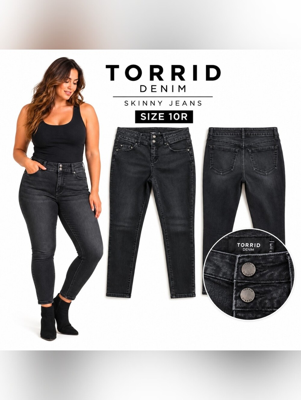 Torrid Denim Black Wash Skinny Jeans Double Button Size 10R Stretch